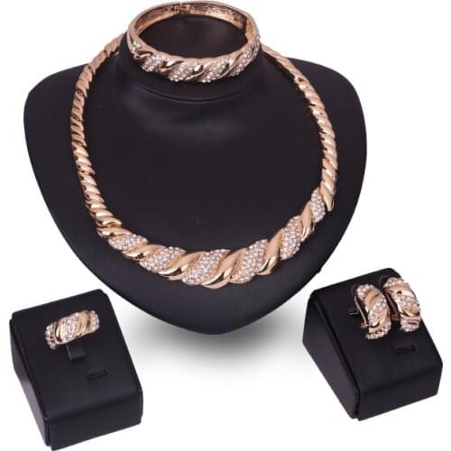 Wholesale African Beads Jewelry Set Fashion Wedding Of Women Dubai Jewelry Sets Pure Gold-color Necklace Earrings Bangle Ring