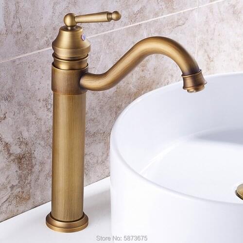 Antique Bronze Copper Double Handle Swivel Spout Bathroom Faucet Retro Style Brass High Basin Faucet High Sink