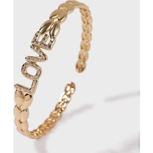 Fashion Women Men CZ Cubic Zirconia Gold Color Copper Metal Olive Branch LOVE Letter Bangles Cuff Bracelets Party Jewelry Gifts