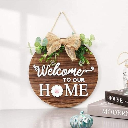 Wooden Welcome Home Sign Front Porch Hanging Round Wreath Home Ornaments Pendant Door Sign Home Wall Sign Wedding Party Decor