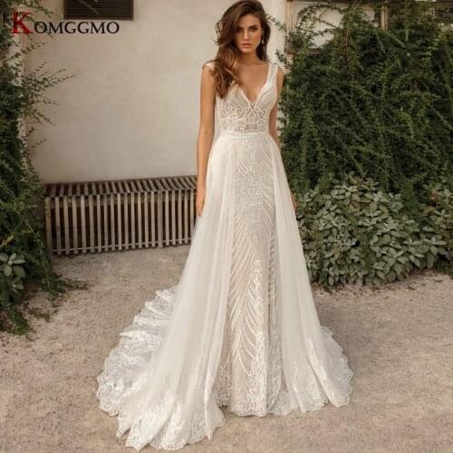 Elegant V-Neck Sleeveless 2 in 1 Mermaid Wedding Dress 2021 Hot Sale Detachable Train Button Back Bridal Gown Robe De Mariage