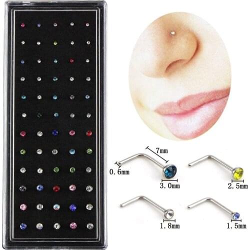 Imixlot 60pcs/set L Shape Stainless Steel CZ Crystal Nose Ring Body Piercing Stud Wholesale Jewelry