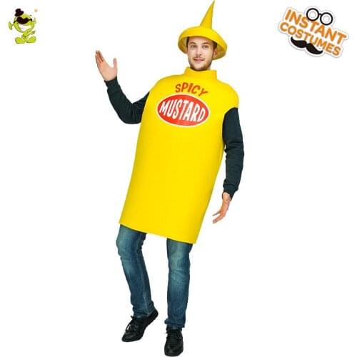 Mens Mustard Jam Costume Purim Outfits for Adult Dress Up Carnival Cosplay Yellow Mustard Jumpsuit for Male