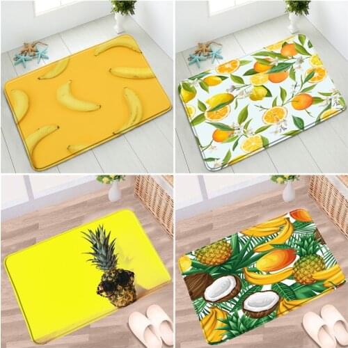 Tropical Fruit Bath Mat Pineapple Banana Orange Lemon Coconut Yellow Fruit Pattern Non-Slip Rugs Bathroom Kitchen Flannel Carpet