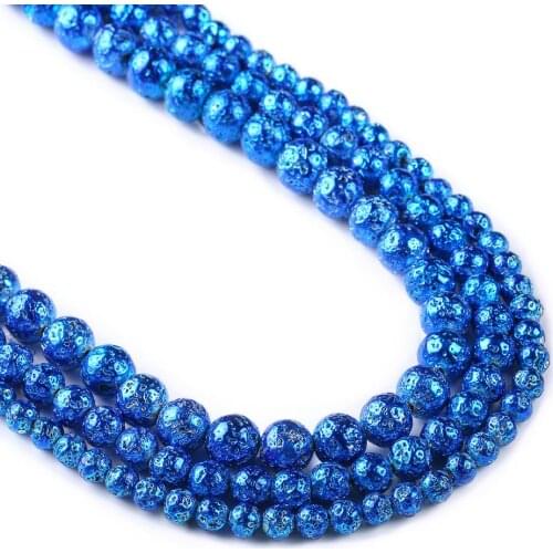 Lava Beads, Blue Plating Volcanic Rock Beads, Round Gemstone Beads, Electroplated, Sizes 6mm, 8mm 10mm, Full Strand 15"