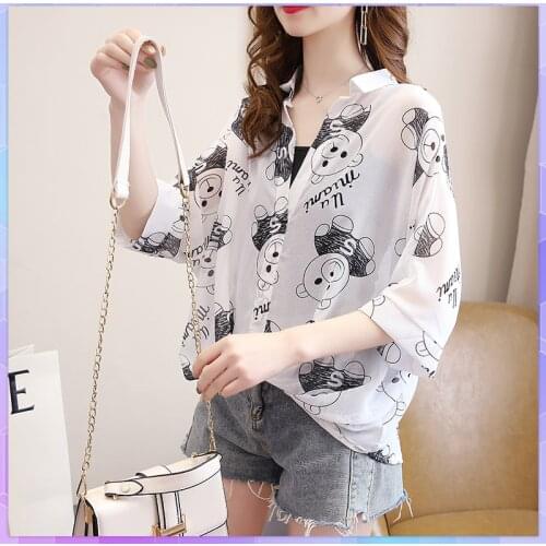 Summer Lovely Bear Chiffon Shirt two-piece suit Top 2021 Womens T-shirt Female Bat Sleeve Korean Tops Short Sleeve T-shirts