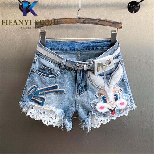 Cartoon Sequins Denim Shorts Women 2021 Summer Fashion Tassel High waist Jeans Shorts Loose Plus Size Wide leg Short Pants Jeans