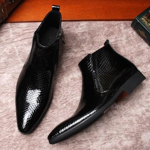 Snakeskin Patent leather High top Mens Boots British Style Ankle Short Boots Hombre