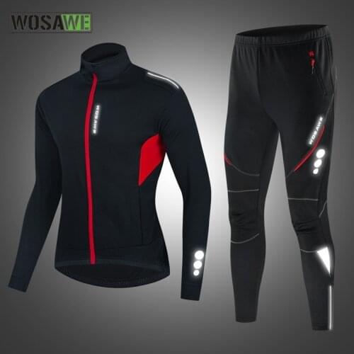 WOSAWE Men Winter Reflective Cycling Jacket Set Warm Thermal Fleece Windproof Bike Jacket MTB Bicycle Suit Cycling Clothing Sets