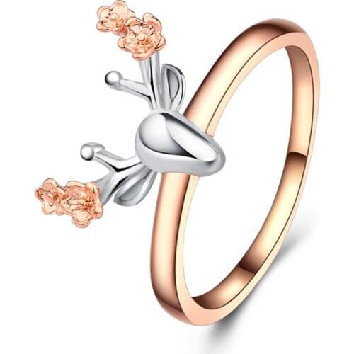 Luxury Elk Shape Rose Gold Ring Wedding Ring for Women Two-tone Micro-inlaid Zircon Ring Jewelry Engagement Ring