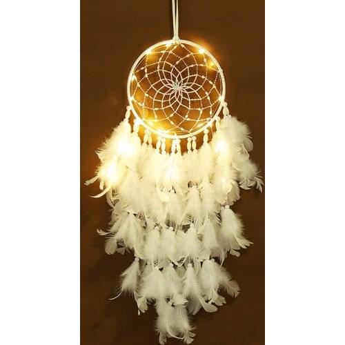 Handmade Dream Catcher with 2M Fairy Lights Feathers Lace Beads Portable Night Light Wall Hanging Decoration Bedroom Ornament