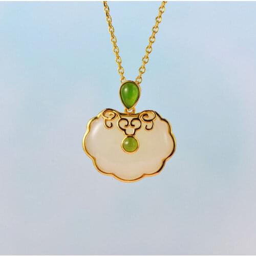 S925 Sterling Silver Natural Hetian Jade Longevity Lock Pendant Womens Safety Lock Jade Pendant Jade Clavicle Chain Popular Orn