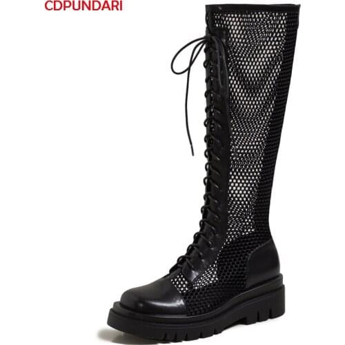 Black White Genuine Leather Patchwork Mesh Knee High Boots Women Platform Boots Ladies Summer Motorcycle Short Boots Shoes