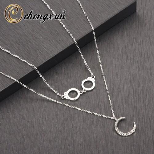 CHENGXUN Punk Handcuffs Pendant Necklace Female Crescent Moon Crystal Handmade Jewelry Accessories Long Necklace Collier