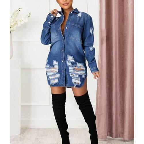 Fashion Sexy Hole Cotton Jean Jacket Women 2021 New Arrival Plus Size 3XL Long Sleeve Blue Denim Jackets Casual Loose Coat Ddlg