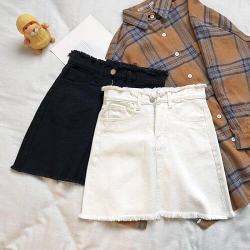 Woman Skirts Black And White Denim Skirt Womens Summer Frayed Skirt High Waist A- Line Mujer Faldas Saias Mulher