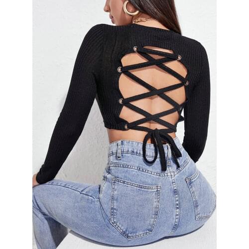 Shimai Women Sexy Skinny Backless T-Shirt Long Sleeve Autumn Top Streetwear Hollow Out Bandage Black Cropped Tops Tees Mujer