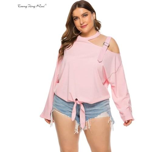Plus Size Casual Shirts Tops Womens Shoulder Strap Decoration Solid Color Top Bow Long-sleeved Oblique Shoulder T-shirt