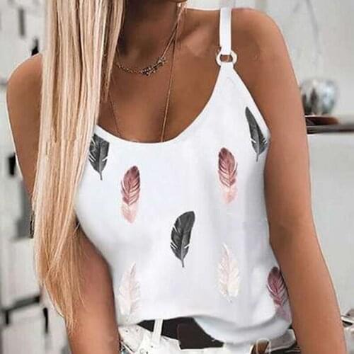 Ladies Feather Printed Sling Tops Casual Off Shoulder V Neck Sleeveless Camis Loose Short Sleeve Camisole For Women Streetwear