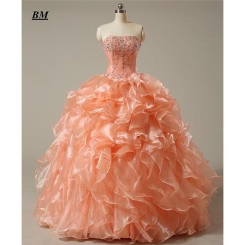 2019 Cheap Stock Orange Quinceanera Dresses Ball Gown Beaded Sweet 16 Dresses Formal Prom Party Gown Vestido De 15 Anos BM64