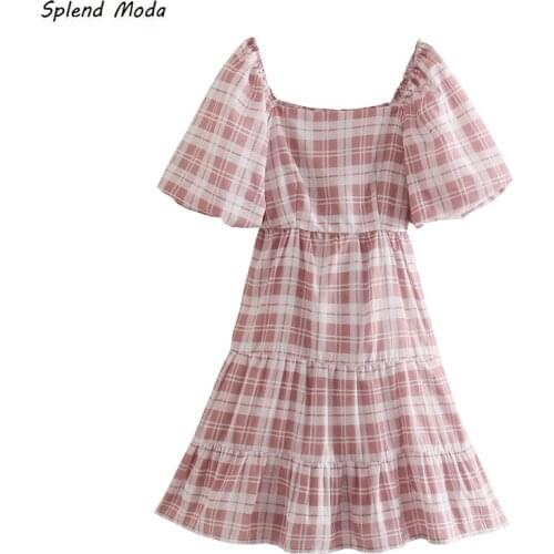 Splend Moda Summer New Sweet Pink Plaid Elastic Waist Square Collar Puff Sleeve 2021 Lace-Up Stitching Dress Loose Women Vestido