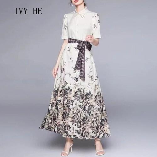 IVY HE Summer Womens Dress 2021 European And Korean Fashion Lapel New Pattern Lace Up Waist Apricot Office Lady Print Dress