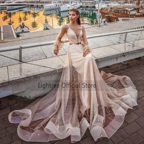 Eightree Pink Wedding Dresses 2021 Long Sleeve Bride Dress O Neck Belt Long Train Wedding Gowns Robe de Mariee