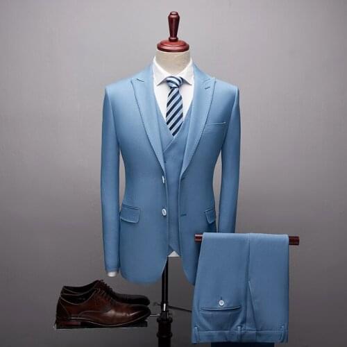 2020 Fashion New High quality Mens Light blue Royal suits Formal 3 Pieces Wedding Groom Tuxedos Prom Slim Fit Peak lapel Suits