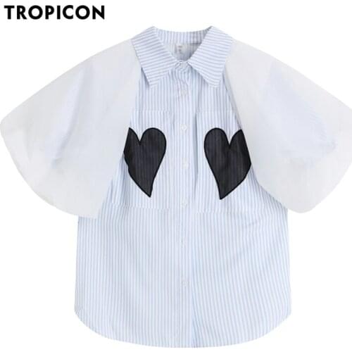 TROPICON Heart Blue Striped Puff Sleeve White Button Up Shirt For Women Tops And Blouses Summer Korean Fashion Kawaii Cute Shirt