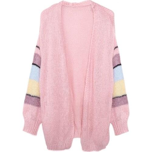 Women Mohair Knitted Cardigan Candy Color Striped Lantern Sleeve Sweater Coat F3MD