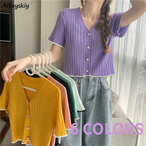 Cardigan Sweaters Women Short Sleeve Summer V-neck Thin Knitted Crop Tops Sweet Candy Color Fashion Females Jumpers Streetwear