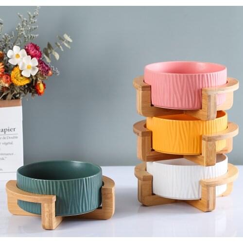 Ceramic Elevated Raised Cat Bowl with Wood Stand No Spill Pet Food Water Feeder Cats Small Dogs