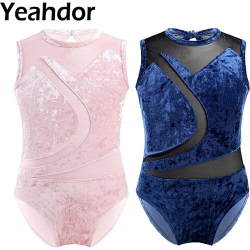 Kids Girls Professional Ballet Dance Body Leotard Sleeveless Pleuche Mesh Splice Cutout Back Gymnastics Leotard Child Bodysuit