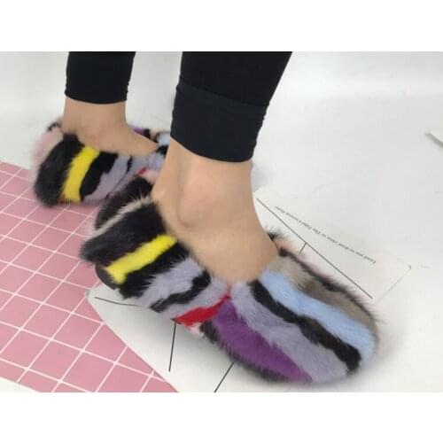 Hot Sale Girls Multi Mink Fur Patchwork Loafers Flats shoes Ladies Round Toe Winter Leisure Fur Slip On Casual Shoes