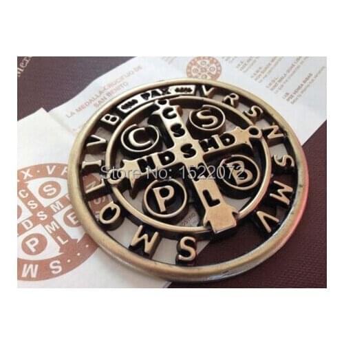 High quality custom cut out St Benedict Cross Brass Tone Medal Prayer Card In 6 Languages low price custom Large cut coin Medal