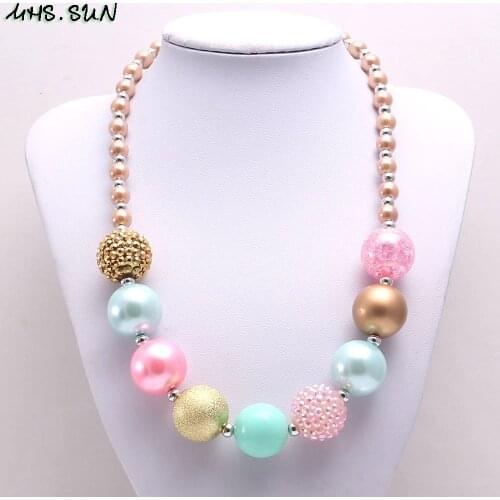 MHS.SUN Fashion Baby Girls Chunky Necklace Gold+Pink+Blue Chunky Bubblegum Beaded Necklace Girls Chocker Chain Necklace 1PC