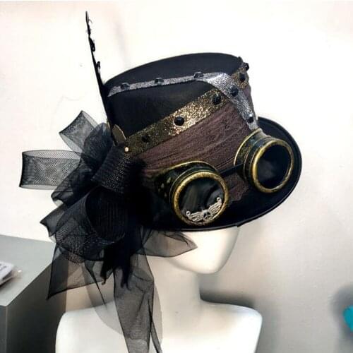 Mens Punk Steampunk Hat Vintage Gothic Goggles Party Black Top Hat Black