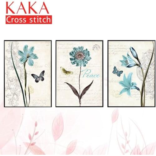 KAKA Cross stitch kits,5D Triplets Butterfly Love Flowers,Embroidery needlework sets with printed pattern,11CT canvas,Home Decor