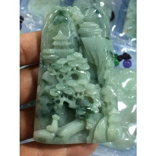 Natural 7A Myanmar jade Handcarved landscape waterfall green jade pendant jade necklace pendants jewelry jade necklaces