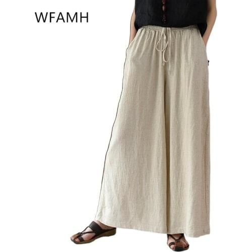 2021 spring and summer new fashion linen cotton casual wide-leg womens yoga trousers polyester pockets loose Vintage Sashes