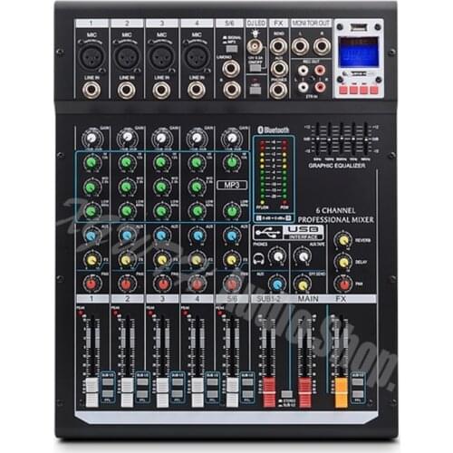 6 Channels Audio Mixer Professional DJ Mixing Console with Digital DSP Effects with Bluetooth USB +48V Phantom Power for Stage