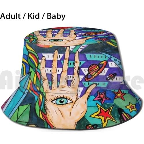 Psychedelic Vibes Sun Hat Foldable UV Protection Hand Eye Sun Moon Rainbow Ying Yang Space Stars Crystals Planets
