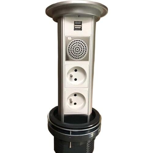 Multimedia Pop-up Lifting Hidden Power outlet socket with 2 French Plug Powers 2 USB Charger Ports Bluetooth speaker for Kitchen