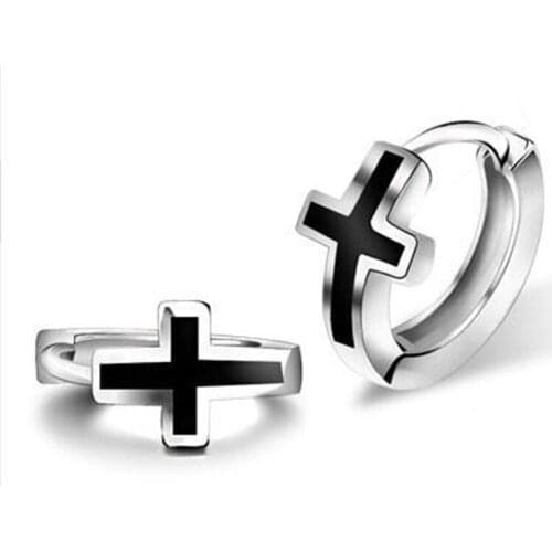 1 Pair Mens Simple Stylish Black Epoxy Paint Cross Shape Hoop Ear Clip Earrings Fashion Jewelry E0604