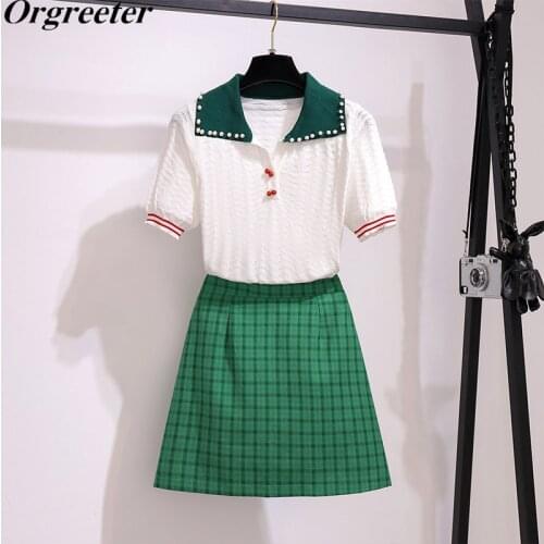 Temperament Cherry buckle Beaded Hit color Lapel Knit Pullover Tops Skirts Suits Female Summer New Plaid Green Skirt 2 piece set