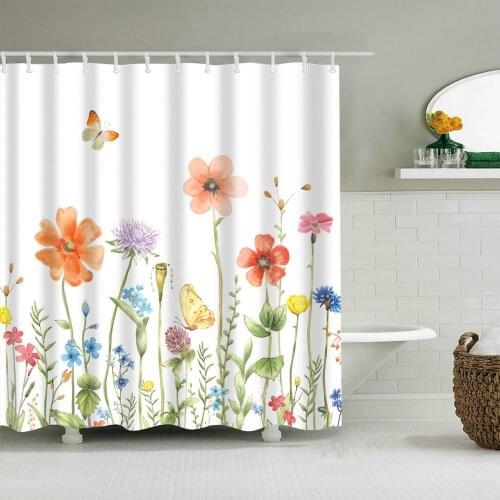 Natural Plant Shower Curtain Flower Butterfly Fashion Bath Accessories with 12 Hooks Waterproof Polyester Fabric Bathroom Decor