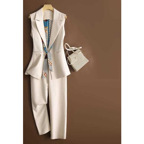 Office Ladies 2 Piece Set Designer Elegant Chic Blazer Sleeveless Coat women And Capris Trousers Pants Suit Women SY157