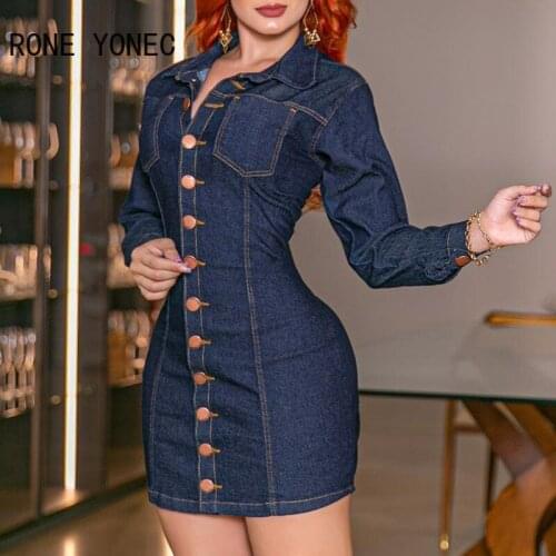 Women Solid Casual A Line Long Sleeves button Pocket Bodycon Sexy Mini Denim Dress