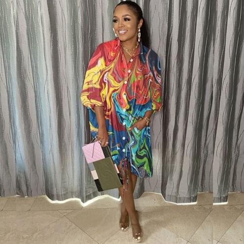 Leopard Printed Long Sleeve Shirt Dress Women Turn-down Collar Button Loose Oversized Casual Dresses Drawstring Club Midi Dress