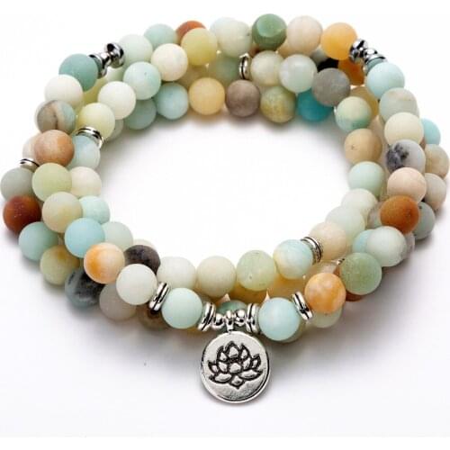 108 Beaded Multi-layer Wrap Mala Bracelet Lotus OM Buddha Tree of Life Charm 8 mm Matte Amazonite Stones Yoga Bracelets